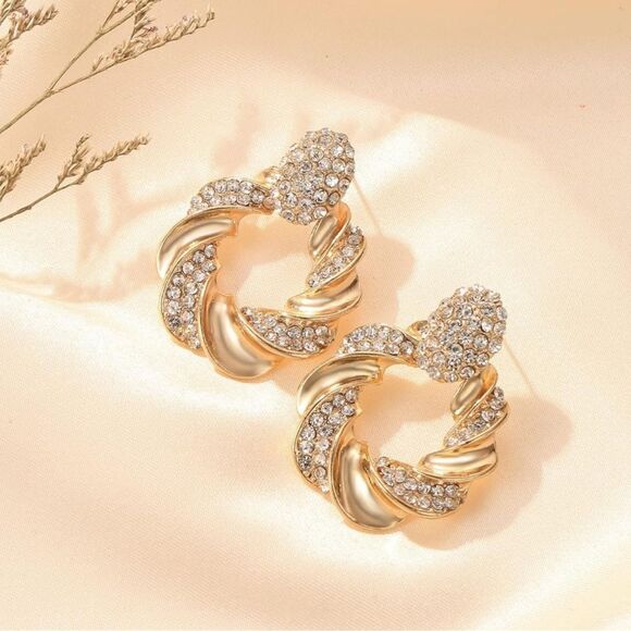 Yellow Gold with White Diamond Crystal Twisted Round Post Statement Earrings - Picture 2 of 5